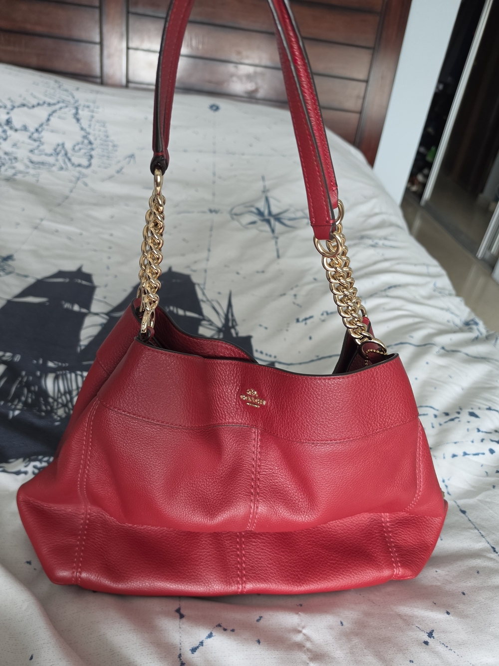 Coach Lexy Cherry Red Pebbled Leather Shoulder Bag with Gold Chain Strap